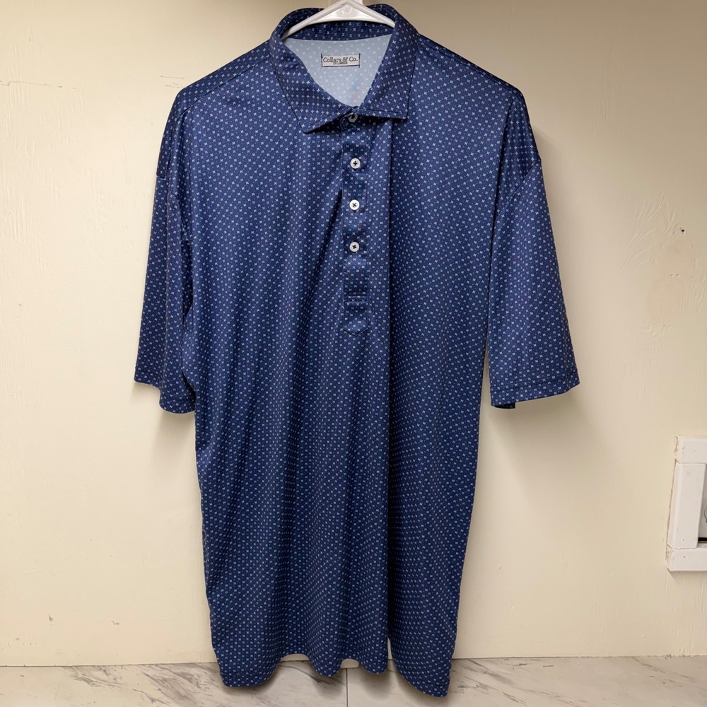 Collars & Co Mens 2XL Polo Shirt Navy Blue Geometric Pattern Short Sleeve Golf